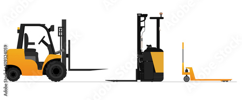 Set from forklift,reach truck and hydraulic trolley. Yellow colors. Warehouse hydraulic equipment for cargo. Cargo delivery, shipping. Stock vector illustration on white isolated background.