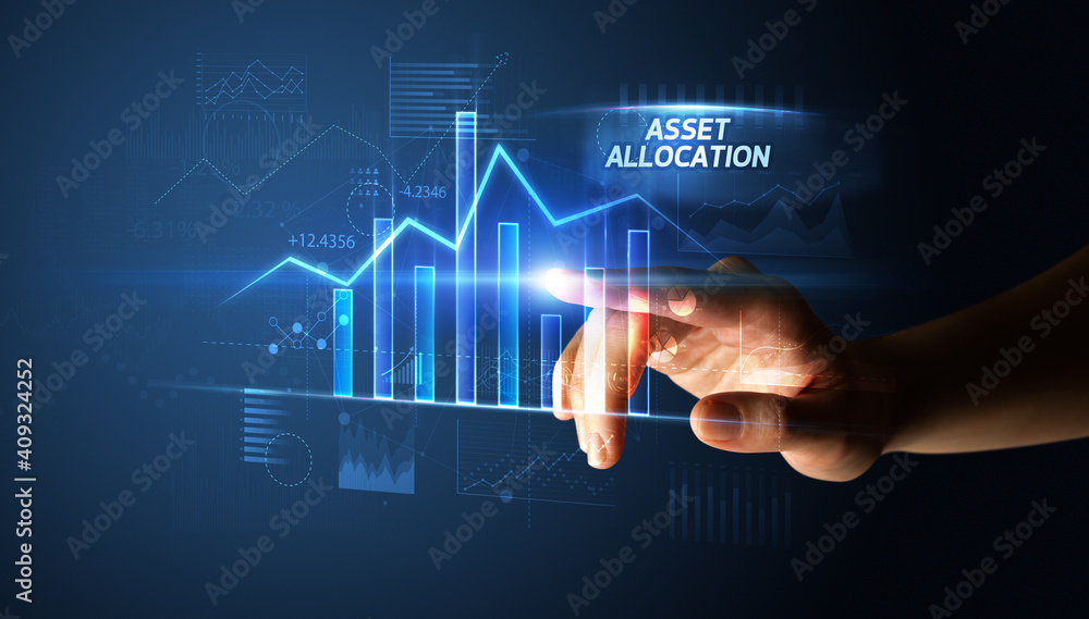 Hand touching ASSET ALLOCATION button, business concept Hand touching ASSET ALLOCATION button, business concept