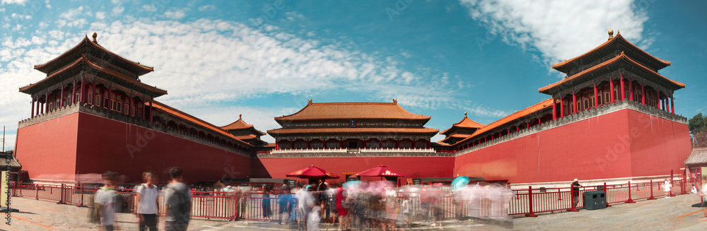 Long exposure shot of entrance to the Forbidden city, UNESCO heritage site and crowd of tourist in Beijing, China.