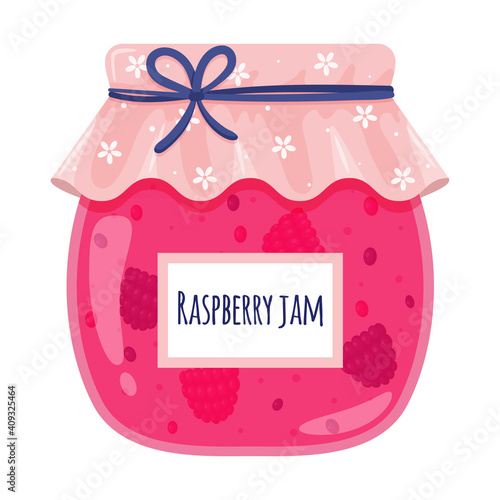 Glass jar with raspberry jam. Sweet food, jam with berries, homemade food, treats, dessert. Color vector illustration in cartoon flat style. Isolated on a white background.