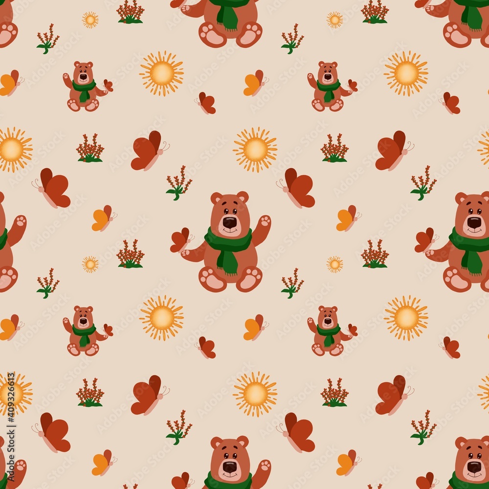 Childish seamless pattern with Bear, sun, butterfly and flower. Baby art for fabrics, textiles, wrapping, clothes Childish seamless pattern with Bear, sun, butterfly and flower. Baby art for fabrics, textiles, wrapping, clothes