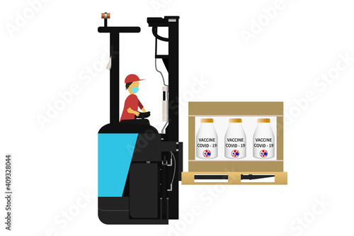 Forklift truck with pallet and box vaccine Covid 19. Cargo delivery, shipping, transportation. Stock flat vector illustration on white isolated background. 
