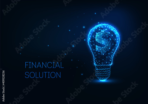 Futuristic money making, investment concept with glowing low polygonal lightbulb and dollar sign