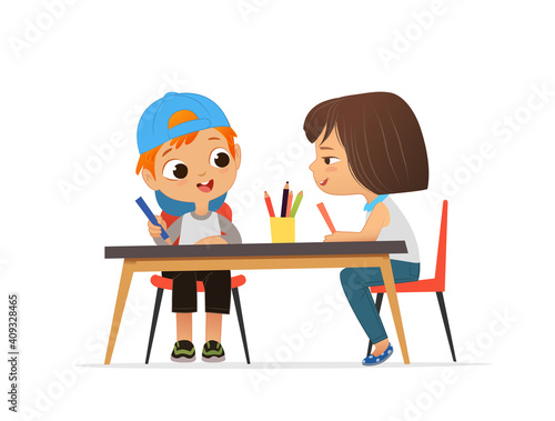 Boy and Girl Draw Pictures with pencils. Isolated on a White Background