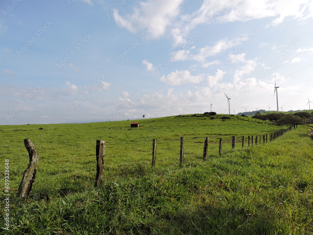 landscape with fence and wind turbines