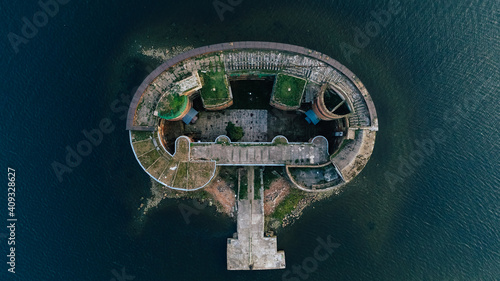 Aerial view of the fort of Alexander the First in Kronstadt. Summer. Plague. Defensive structures in the Gulf of Finland. An artificial island south of Kotlin Island. photo