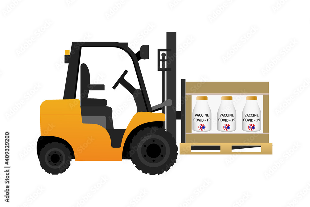 Forklift truck with pallet and box vaccine Covid 19. Cargo delivery, shipping, transportation. Stock flat vector illustration on white isolated background. Forklift truck with pallet and box vaccine Covid 19. Cargo delivery, shipping, transportation. Stock flat vector illustration on white isolated background.