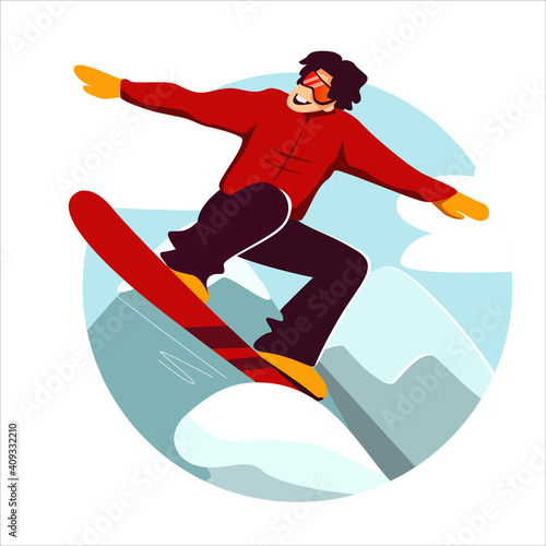 Snowboarding. Vector illustration of sliding snowboarder, isolated on snow mountains background. Rad and orange colours.