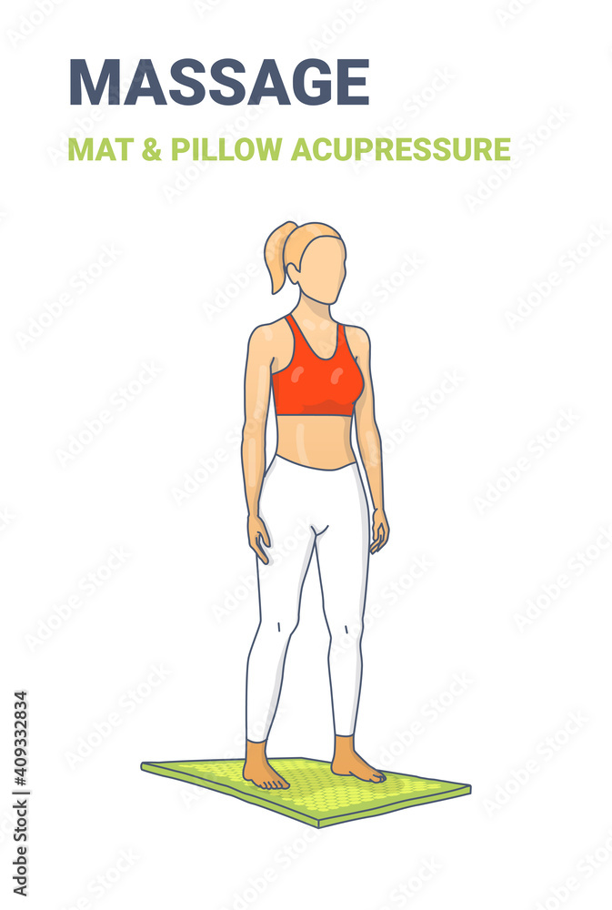 Fototapeta premium Female standing on an acupressure mat. Concept of a woman relaxing at home on a massage mat.