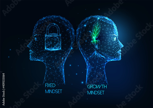 Futuristic Growth mindset VS Fixed mindset concept with low poly human heads with plant and lock photo