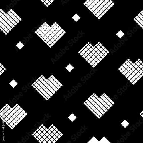 Vector pattern of geometric white hearts on black. Seamless background.