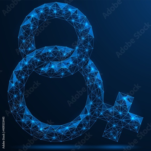 International Women's Day. The female sign. March 8. Polygonal construction of concatenated lines and points. Blue background.