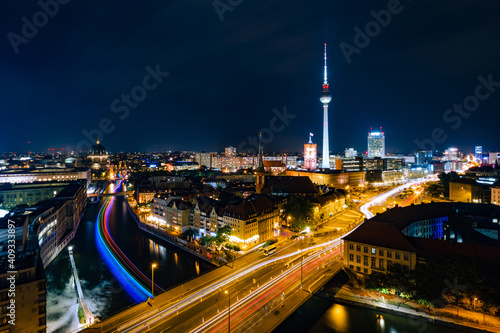 Night view of Berlin cityscape and Spree River, Germany.