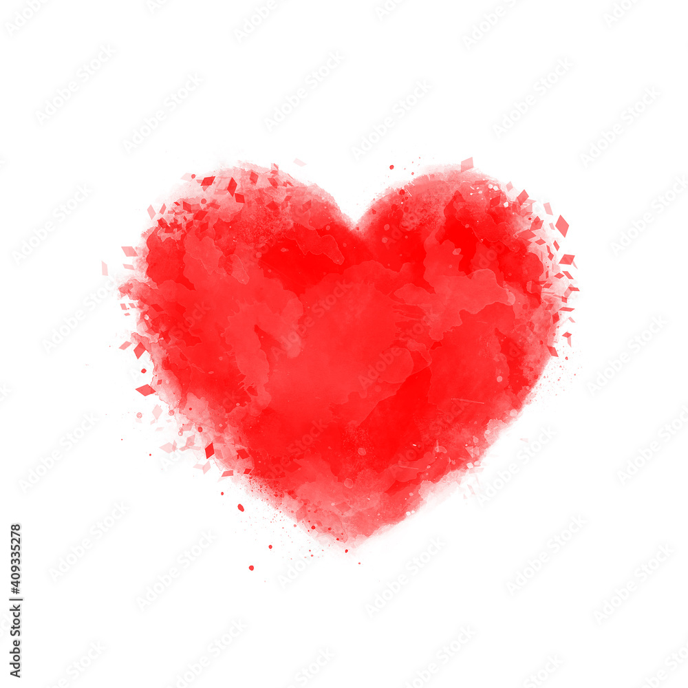Valentines day card with big red painted heart. Digital illustration