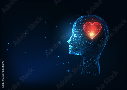 Futuristic lowing low polygonal silhouette of head with heart symbol isolated on dark blue