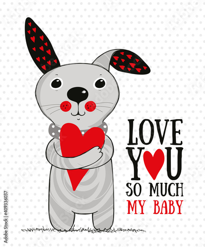 Vector cute rabbit with heart, illustration for valentines day, love