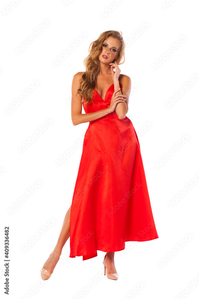 Young beautiful happy blonde woman in red dress Young beautiful happy blonde woman in red dress