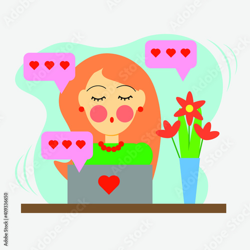 a young girl received congratulations on Valentine's Day and a declaration of love via the Internet. A beautiful girl uses a dating site. 