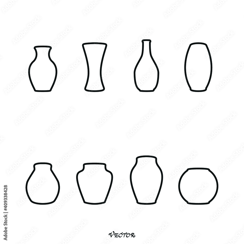 Modern empty drinking vector glass vase isolated on white background. Linear black flat drawing of a vase. Modern empty drinking vector glass vase isolated on white background. Linear black flat drawing of a vase.