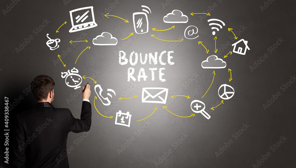 businessman drawing social media icons with BOUNCE RATE inscription, new media concept