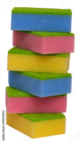 Multi-colored sponges for washing dishes isolated on white background.