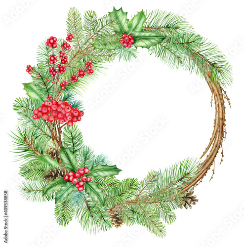 Watercolor christmas wreath with spruce branches, rowan and holly berries, hand drawn illustration isolated on white background, perfect for invitation cards, any print design © Svetlana