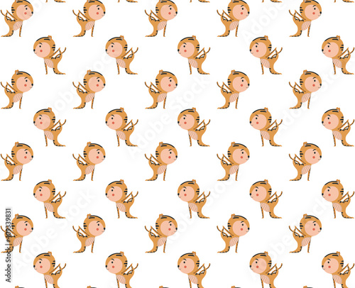 Seamless pattern with tiger cubs yogis in Vyaghrasana asanas on a white background. Printable baby endless texture. Vector.