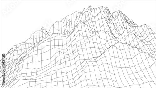 illustrator landscape. Wireframe 3D landscape mountains. 3d landscape. Digital retro landscape cyber surface. Vector illustration.