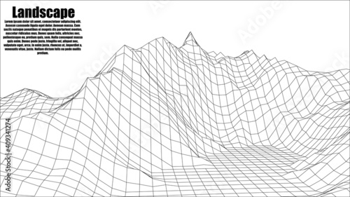 illustrator landscape. Wireframe 3D landscape mountains. 3d landscape. Digital retro landscape cyber surface. Vector illustration.