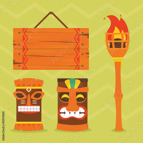 tiki masks and hawaiian icon set, colorful design