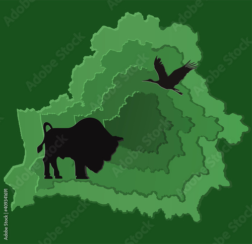 Belarus Map with country symbols. Cut paper isolated on a green background