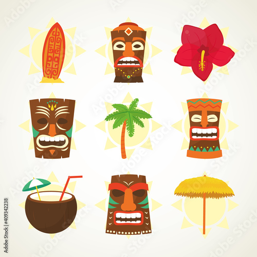 tiki masks and hawaiian icon set, colorful design