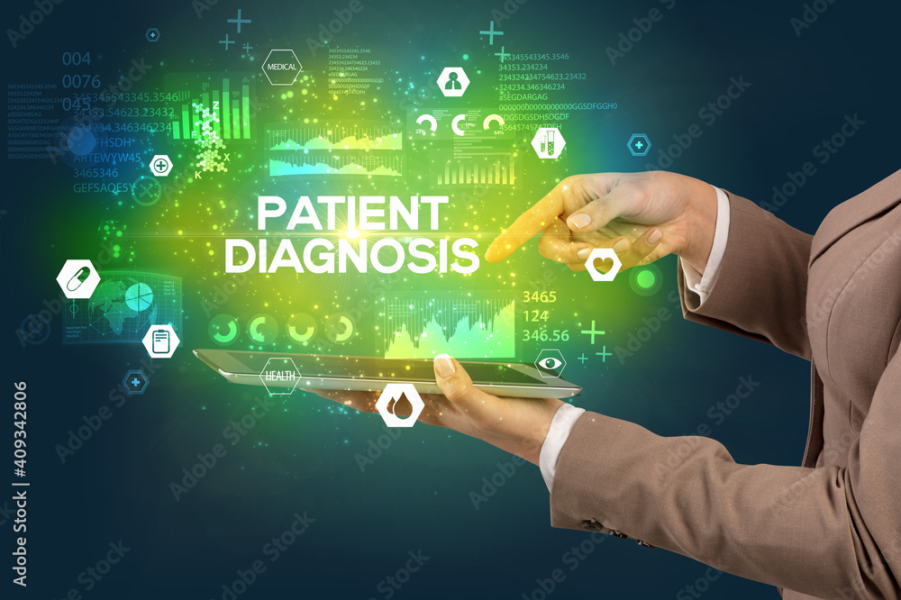 Close-up of a touchscreen with PATIENT DIAGNOSIS inscription, medical concept Close-up of a touchscreen with PATIENT DIAGNOSIS inscription, medical concept