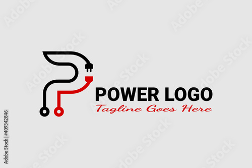 Vector outline logo element with power plugs illustration forming the initials "P". Usable for applications, electronics, technology and general energy business logos.