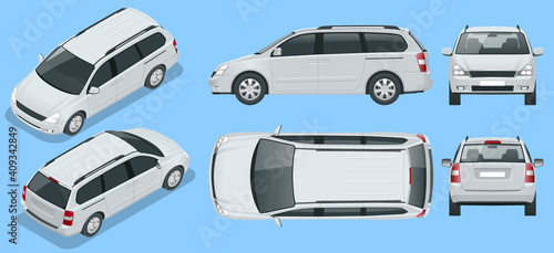 Minivan Car vector template on background. Compact crossover, SUV, 5-door minivan car. View isometric, front, rear, side, top.