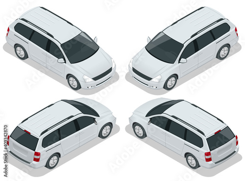 Minivan Car vector template on white background. Compact crossover, SUV, 5-door minivan car. View isometric