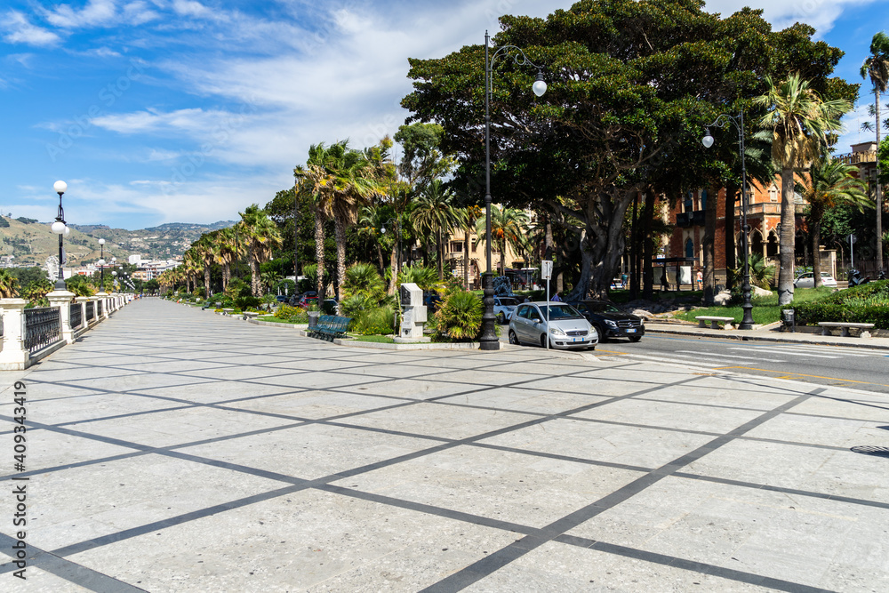 View of Lungomare Falcomatà, the seaside promenade of Reggio Calabria defined as the most beautiful kilometre of Italy