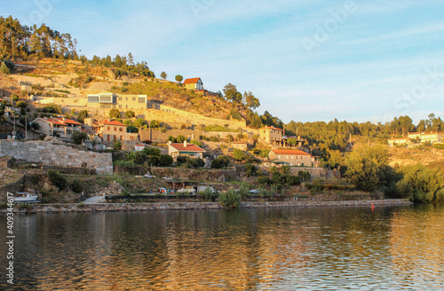 Canvastavla Beautiful landscape sunset over village in mountain and river, in Castelo de Pai