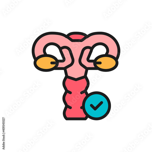 Healthy female genitals, uterus, ovaries, vagina flat color line icon.