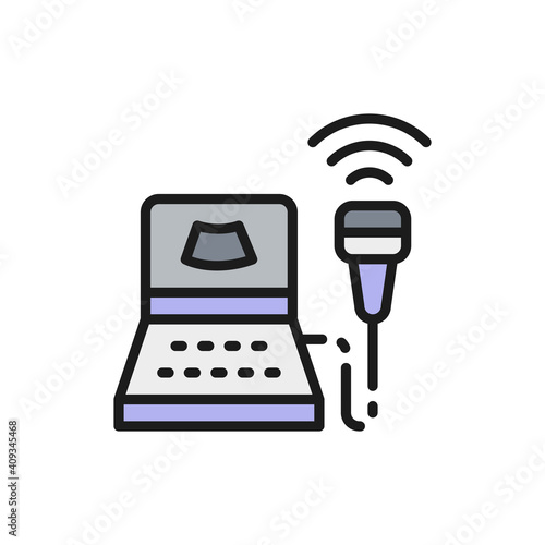 Ultrasound diagnostic machine, gynecology clinic flat color line icon.