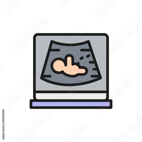 Ultrasound photo with fetus, maternity, pregnancy, sonogram color line icon.