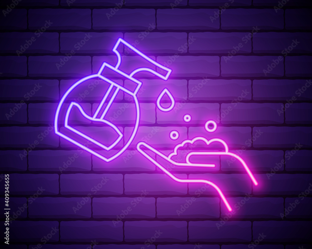Glowing neon line Washing hands with soap icon isolated on brick wall background. Washing hands with soap to prevent virus and bacteria. Vector Illustration Glowing neon line Washing hands with soap icon isolated on brick wall background. Washing hands with soap to prevent virus and bacteria. Vector Illustration