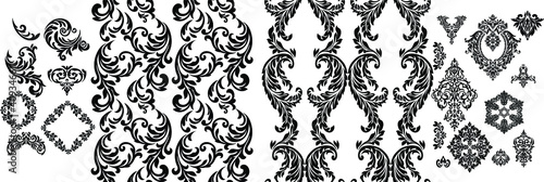 Set Vintage baroque frame scroll ornament engraving border floral retro pattern antique style acanthus foliage swirl decorative design element filigree calligraphy.