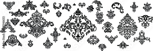 Set Vintage baroque frame scroll ornament engraving border floral retro pattern antique style acanthus foliage swirl decorative design element filigree calligraphy.