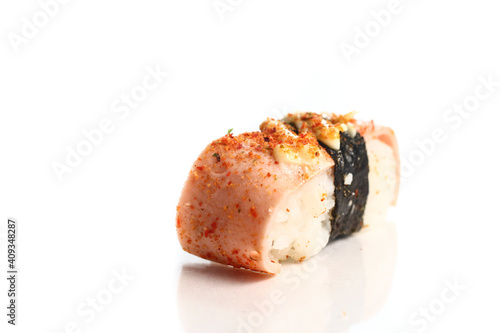 Favorite food of the east which is sushi isolated with white background.