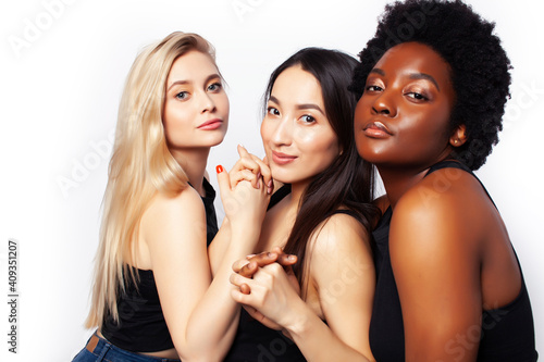 diverse multi nation girls group, teenage friends company cheerful having fun, happy smiling, cute posing isolated on white background, lifestyle people concept, african-american, asian and caucasian