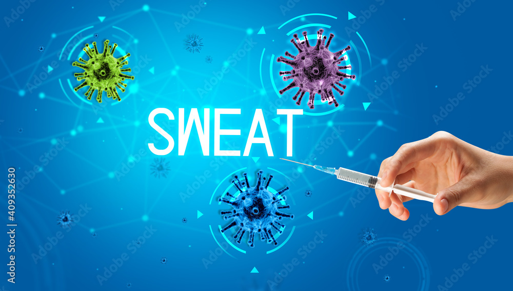 Syringe, medical injection in hand with SWEAT inscription, coronavirus vaccine concept Syringe, medical injection in hand with SWEAT inscription, coronavirus vaccine concept