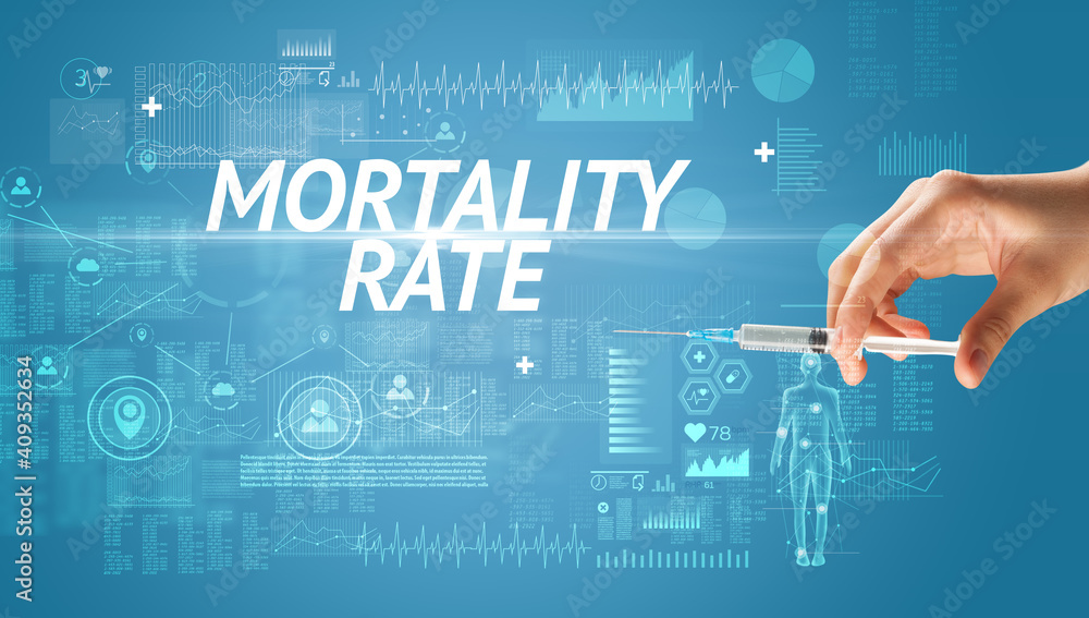 Syringe needle with virus vaccine and MORTALITY RATE inscription, antidote concept Syringe needle with virus vaccine and MORTALITY RATE inscription, antidote concept