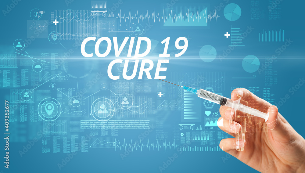 Syringe needle with virus vaccine and COVID 19 CURE inscription, antidote concept Syringe needle with virus vaccine and COVID 19 CURE inscription, antidote concept