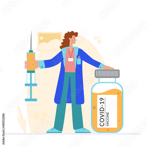 Vaccine against COVID-19 virus. Prevention injection, immunization. Coronavirus infection treatment. The doctor holds a large syringe and a virus vaccine in her hand.